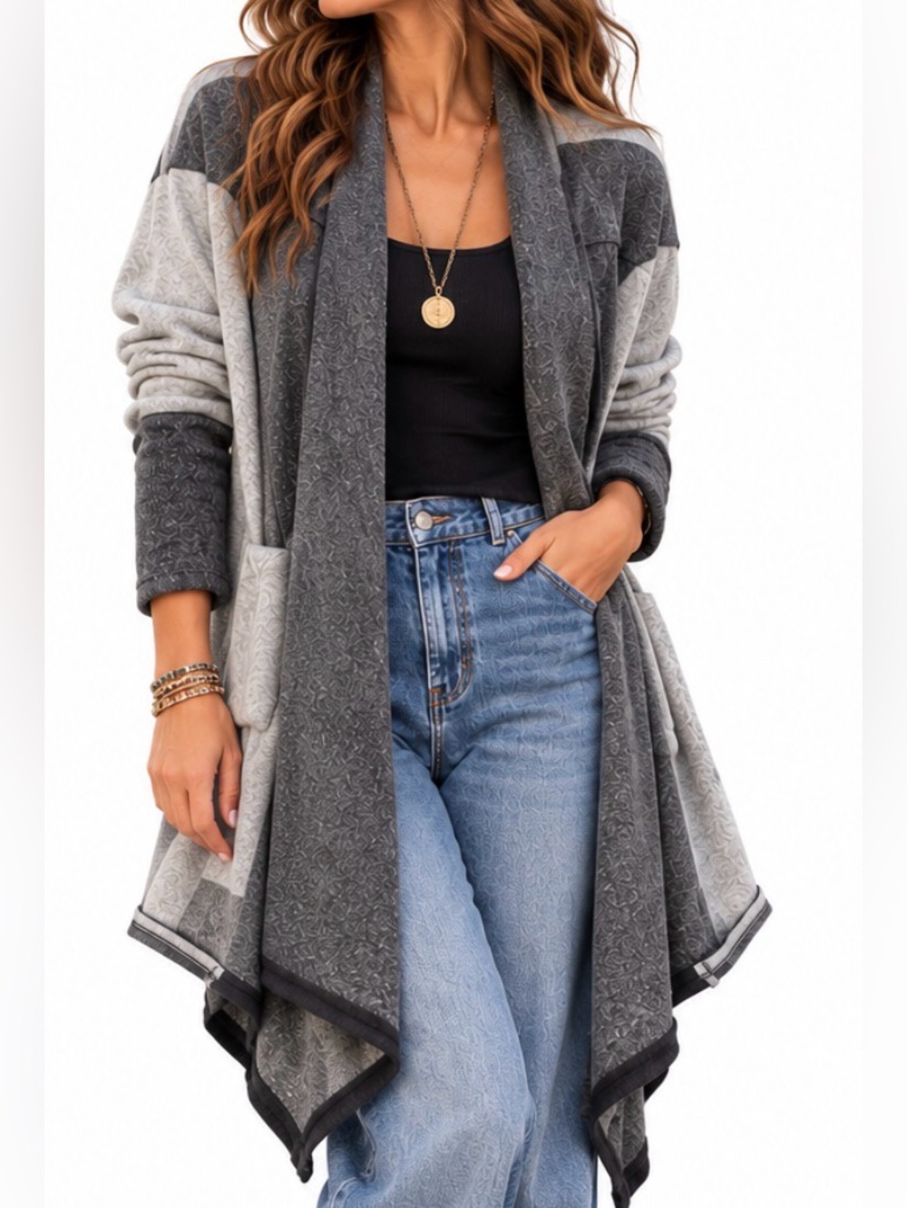 Artesia Gray Colorblock Waterfall Cardigan Sweater Boho Size Medium